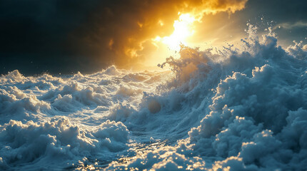 Majestic sea water waves surface with amazing sunlight reflections and flares