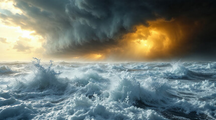 Majestic sea water waves surface with amazing sunlight reflections and flares