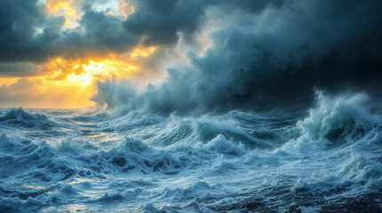 Majestic sea water waves surface with amazing sunlight reflections and flares