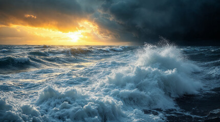 Majestic sea water waves surface with amazing sunlight reflections and flares