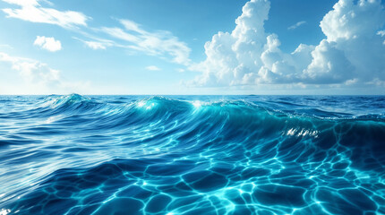 Majestic sea water waves surface with amazing sunlight reflections and flares