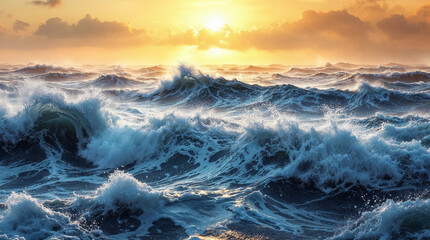 Majestic sea water waves surface with amazing sunlight reflections and flares