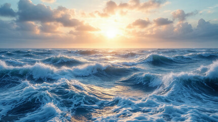 Majestic sea water waves surface with amazing sunlight reflections and flares