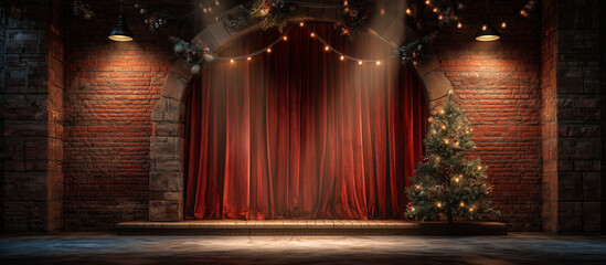 stage brick and red curtain with christmas concept