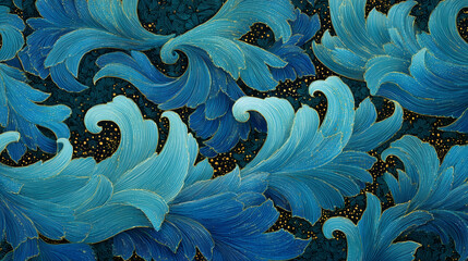 Opulent Blue Teal Gold Leaf Swirling Textured Art Pattern