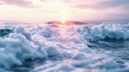 Majestic sea water waves surface with amazing sunlight reflections and flares
