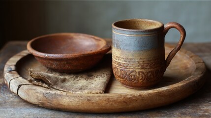 Ceramic cup and shallow bowl on wooden tray with cloth placed beside them on rustic table in simple setting, showcasing handcrafted pottery and natural materials