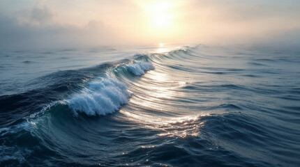 Majestic sea water waves surface with amazing sunlight reflections and flares