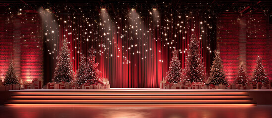 stage brick and red curtain with christmas concept