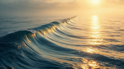 Majestic sea water waves surface with amazing sunlight reflections and flares