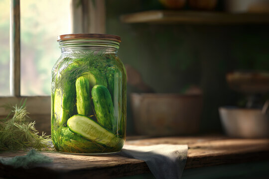 Jar of half-sour dill pickles with vibrant green spears and dill sprigs, rustic kitchen backdrop