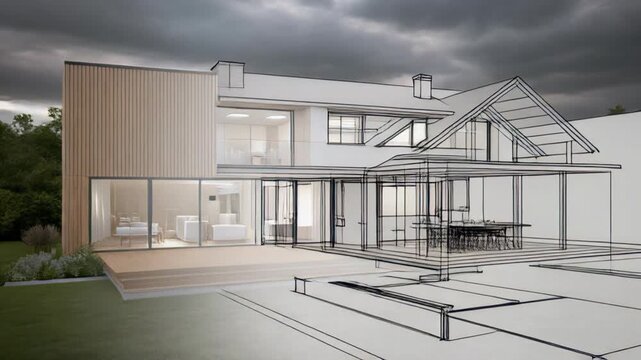 Modern house rendering blending with architectural wireframe blueprint under stormy sky, concept for real estate development, home construction planning and exterior design visualization