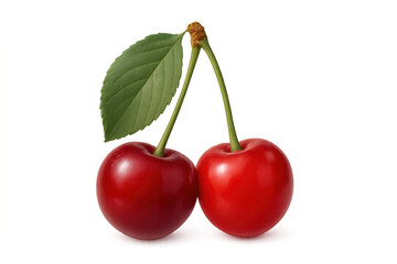 Fresh ripe cherries hanging from stem with green leaf, juicy sweet summer fruit on transparent background