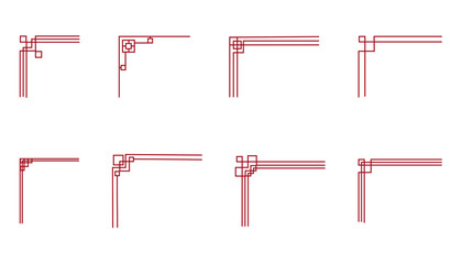 Fototapeta premium Korean traditional line borders set with knot corners ornament. Collection festive asian frame corners. Traditional Asian pattern for decoration of banners, holiday cards and Asian culture products