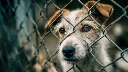 Dog looks through fence at animal shelter during the day while waiting for adoption and new home