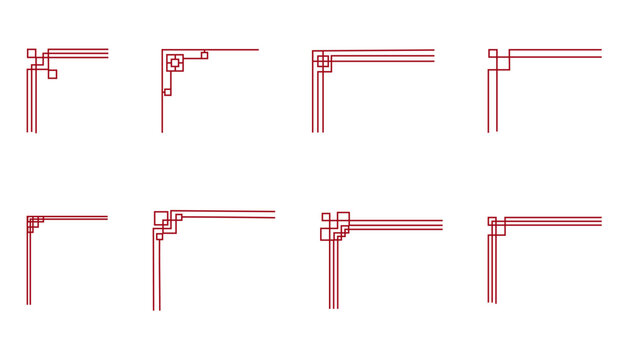 Korean traditional line borders set with knot corners ornament. Collection festive asian frame corners. Traditional Asian pattern for decoration of banners, holiday cards and Asian culture products