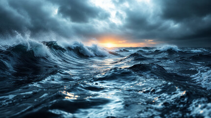 Majestic sea water waves surface with amazing sunlight reflections and flares