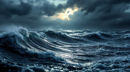 Majestic sea water waves surface with amazing sunlight reflections and flares