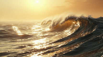 Majestic sea water waves surface with amazing sunlight reflections and flares