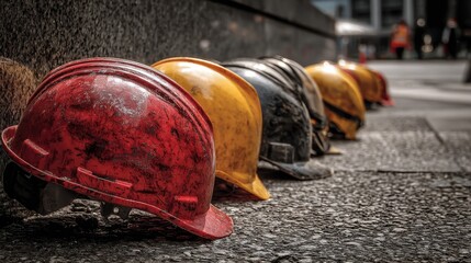 Different colored hard hats lined up on the ground in a construction area in the city during daylight hours