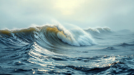 Majestic sea water waves surface with amazing sunlight reflections and flares