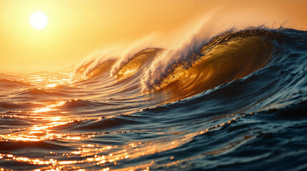 Majestic sea water waves surface with amazing sunlight reflections and flares