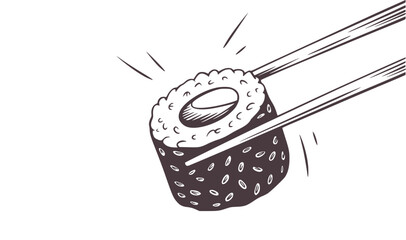 Black and white of sushi piece held by chopsticks rice © Asha