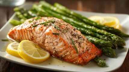 Salmon fillet served with asparagus and lemon slices on a white plate during dinner time at a kitchen table