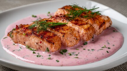 Grilled salmon served with pink sauce and fresh herbs on a white plate in a restaurant setting during dinner time