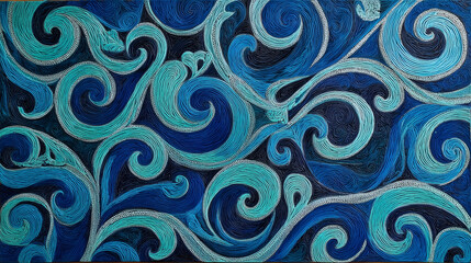 Highly Textured Swirling Thread Art Blue Teal Pattern