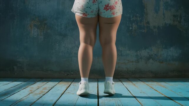 Rear view of woman's thick thighs and legs in floral shorts and white sneakers on blue wooden floor, concept for weight loss challenge, body positivity campaign and fitness motivation