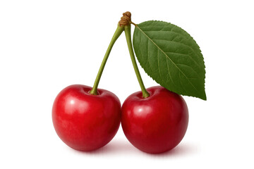 Fresh sweet cherries with green leaf, ripe red summer fruit on transparent background, healthy eating and organic produce concept