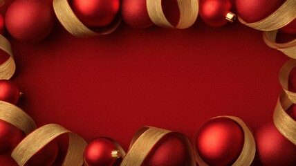 赤いクリスマスボールと金色リボンの飾り枠。クリスマスや年末年始のデザイン背景用素材。