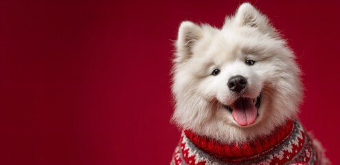 Happy white dog in a red holiday sweater with snowflakes. Pet animal posing against a red background. Winter greeting card with copy space.