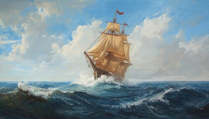 A realistic painting of a large sailing ship navigating through rough, stormy seas