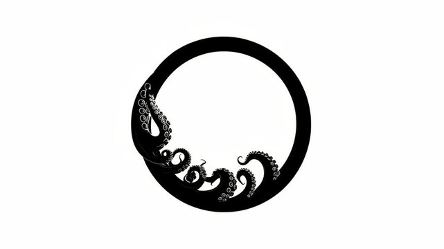 Black octopus tentacles forming a circular shape in artistic ink style on a white background, symbolizing mystery, nature, and unity