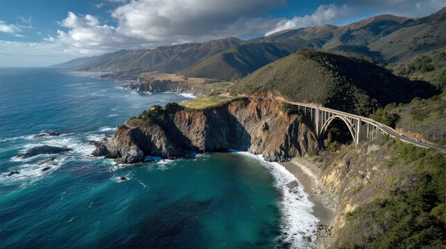 View of ocean waves hitting cliffs near a bridge on a coastal road in California during a clear day - Powered by Adobe