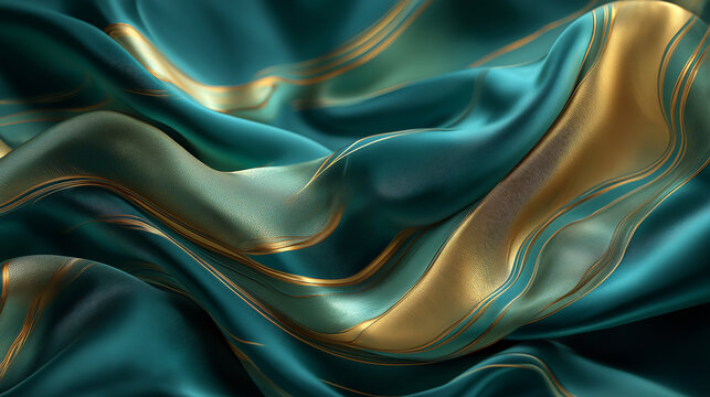Abstract luxurious silk fabric folds in deep emerald and golden tones, elegant flowing texture