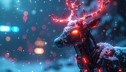 Cyberpunk reindeer illuminated by neon lights in a snowy forest