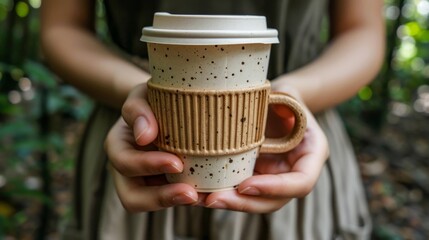 Individual with reusable coffee cup walking in park promoting eco friendly and sustainable living