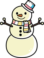 Happy cartoon snowman wearing a pink striped top hat and a colorful striped scarf isolated on a white background vector illustration.