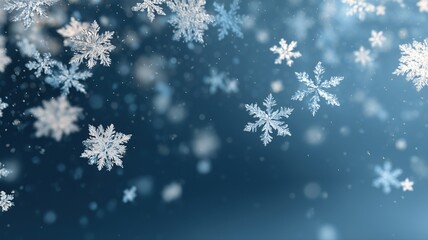 美しい雪の結晶が舞い降りる冬の光景。冬季の自然や季節感を表現する素材。