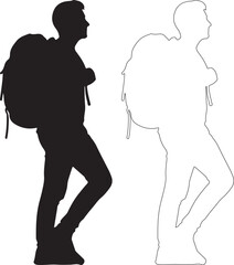 Isolated Black Silhouette and Outline Vector Graphic of Hiker Man with Backpack isolated PNG with Transparent Background