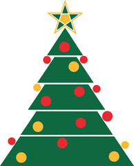 A colorful geometric christmas tree vector illustration, simple stacked triangles forming a fir with star and circle ornaments, festive holiday graphic design element.