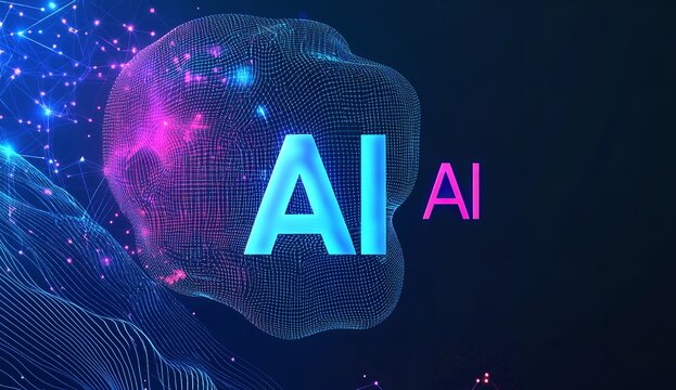 Artificial Intelligence Concept with Glowing AI Logo and Wireframe Brain on Dark Background with Neon Lights - Powered by Adobe