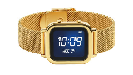 Gold digital watch with mesh band and blue screen gold watch
