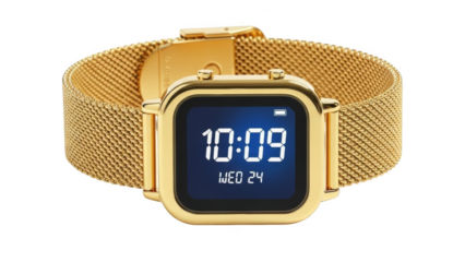 Gold digital watch with mesh band and blue screen gold watch