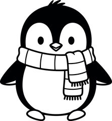 Cute little penguin wearing a striped scarf black and white vector outline illustration perfect for winter holiday and christmas designs.