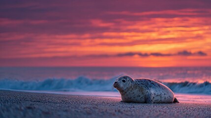 Seal rests on the beach at sunset near the ocean with waves rolling in and a colorful sky changing from orange to purple