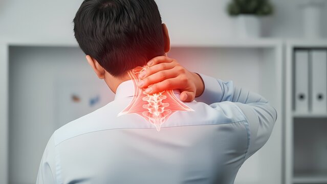 Rear view of office worker touching neck with glowing cervical spine illustration, representing neck pain, muscle tension, poor posture, and work-related musculoskeletal disorder.